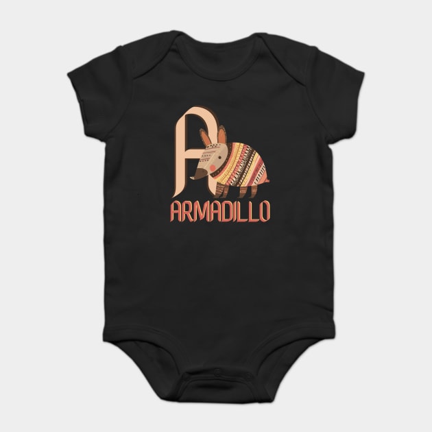 A for Armadillo - Alphabet Animal Letter A - Boho Chic Style Baby Bodysuit by TuncGK